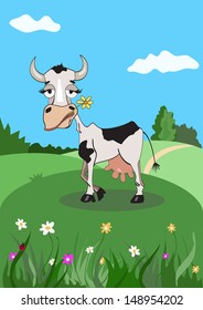Cow With Flower In Mouth On A Meadow