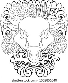 Cow with flower on background for happy new year 2020.Cow and sakura,marigold flower tattoo.Vector of a cow design on background. indian cow decorated with colorful fabrics and flower.sakura,peach.