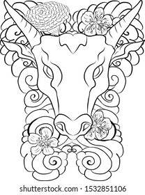 Cow with flower on background for happy new year 2020.Cow and sakura,marigold flower tattoo.Vector of a cow design on background. indian cow decorated with colorful fabrics and flower.sakura,peach.