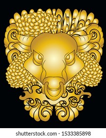 Cow with flower on background for happy new year 2020.Cow and sakura,marigold flower tattoo.Vector of a cow design on background. indian cow decorated with colorful fabrics and flower.sakura,peach.