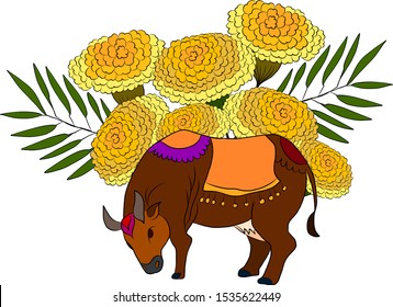 Cow with flower on background for happy new year 2020.Cow and sakura,marigold flower tattoo.Vector of a cow design on background. Indian cow decorated with colorful fabrics and flower.