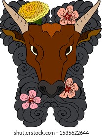 Cow with flower on background for happy new year 2020.Cow and sakura,marigold flower tattoo.Vector of a cow design on background. indian cow decorated with colorful fabrics and flower.sakura,peach.