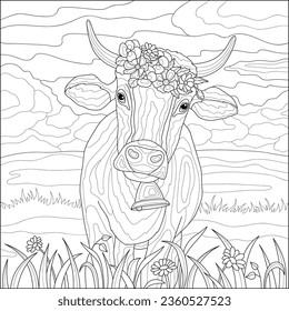 A cow with a flower wreath and a bell in the field. Coloring book for adults, black and white vector illustration. Line art.