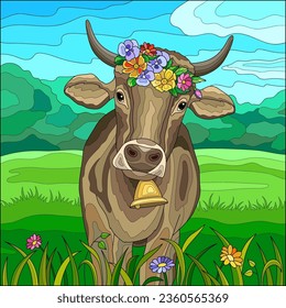 A cow with a flower wreath and a bell in the field. Colorful bright illustration. Coloring book for children and adults.