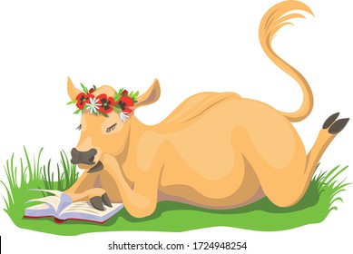 The cow in flower wreath is reading book in the grass  Vector illustration for cards  posters  calendars 