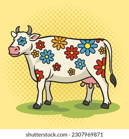 cow with flowers instead of spots pinup pop art retro vector illustration. Comic book style imitation.