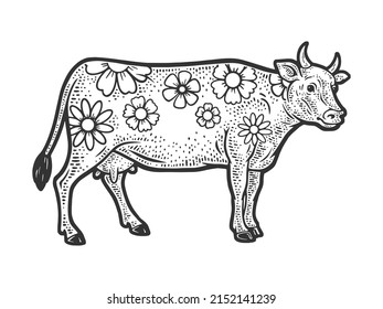 cow with flowers instead of spots sketch engraving vector illustration. T-shirt apparel print design. Scratch board imitation. Black and white hand drawn image.