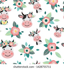 Cow with flowers seamless pattern on a white background. Cartoon cute illustration for baby shower invitations, cards, posters, children's wallpaper, fabrics. - Vector