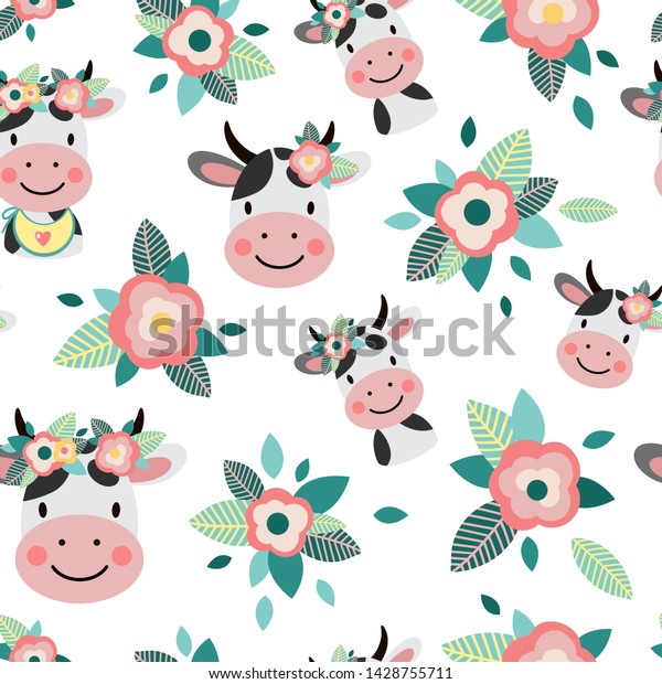 Cow Flowers Seamless Pattern On White Stock Vector (Royalty Free ...