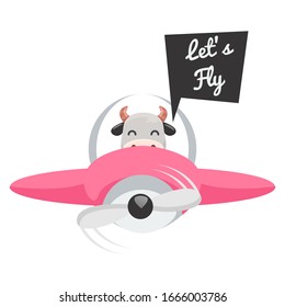 cow flying with the plane cartoon vector