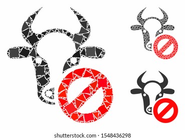 Cow forbidden composition of unequal elements in variable sizes and shades, based on cow forbidden icon. Vector trembly elements are organized into collage.