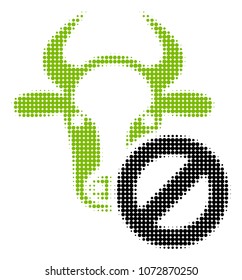 Cow Forbidden halftone vector pictogram. Illustration style is dotted iconic Cow Forbidden icon symbol on a white background. Halftone matrix is circle items.