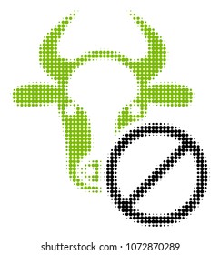 Cow Forbidden halftone vector pictogram. Illustration style is dotted iconic Cow Forbidden icon symbol on a white background. Halftone pattern is round pixel.