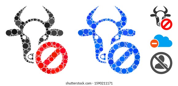 Cow forbidden mosaic of filled circles in variable sizes and color hues, based on cow forbidden icon. Vector random circles are composed into blue mosaic.