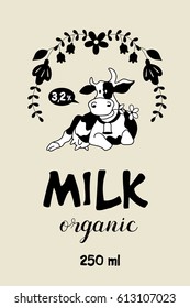 The cow in the frame of wildflowers. Organic dairy products. Monochrome vector  emblem.