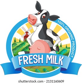 A cow with a Fresh milk label illustration