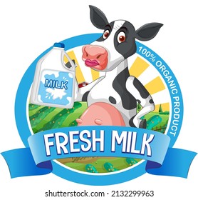 A cow with a Fresh milk label illustration
