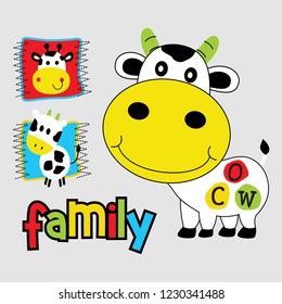 cow and funny family, cartoon vector illustration