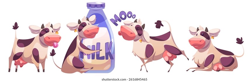 Cow funny mascot character set - cheerful spotted cattle herd standing with stick out tongue, hugging milk bottle, saying moo and lying with smile. Cute bovine animals for farm dairy product design.