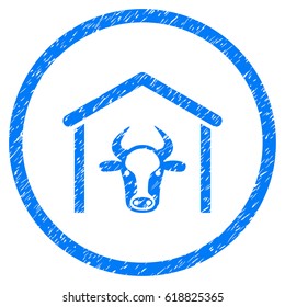 Cow Garage grainy textured icon inside circle for overlay watermark stamps. Flat symbol with dirty texture. Circled vector blue rubber seal stamp with grunge design.