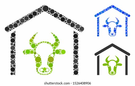 Cow garage mosaic for cow garage icon of filled circles in variable sizes and color tones. Vector filled circles are combined into blue mosaic. Dotted cow garage icon in usual and blue versions.