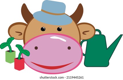Cow in the garden with seedling and watering can
