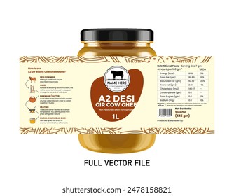 Cow ghee label and design, butter and milk cream farm fresh dairy product and sticker, health bottle glass jar sweet modern and creative print natural design.