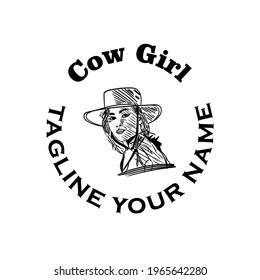 cow girl design logo vector. woman hand drawn illustration vector