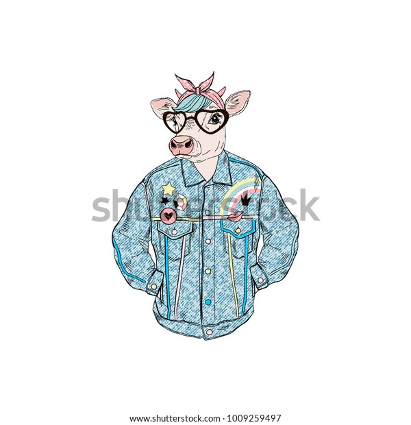 レトロなデニムジャケットを着た牛の女の子 擬人化した動物イラスト のベクター画像素材 ロイヤリティフリー