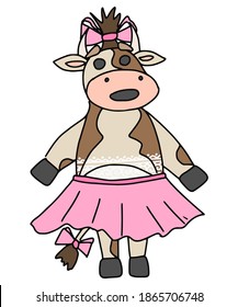 cow girl in a pink skirt with a bow on her head. vector doodle illustration