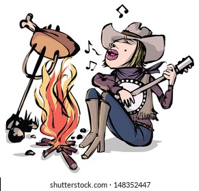 Cow Girl Play The Banjo By A Camp Fire.