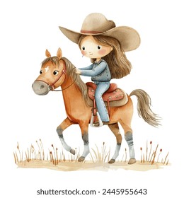 cow girl riding horse vector illustration in watercolor style