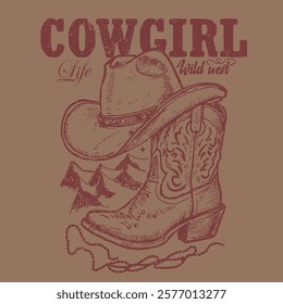 Cow Girl wild west. cow boy head. boot. mountain. desert prints. girls graphics design. summer prints. vintage print artwork. hand drawn sketch. vector design. t - shirt design. fashion graphics. typo