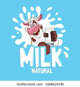 Cow with glass of milk cartoon character illustration