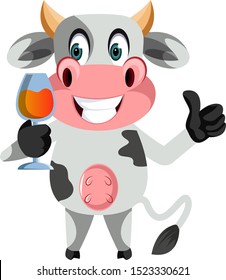 Cow with glass of wine, illustration, vector on white background.