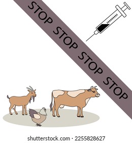 Cow, goat, chicken. Syringe. The farm animal is at risk. Destruction of cattle Destruction of farms. 