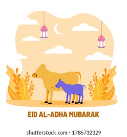 Cow and goat flat illustration. Islamic design illustration concept for Happy eid al adha or sacrifice celebration event with animal character.
