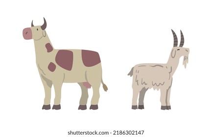 Cow and Goat as Hoofed Mammal with Horns and Farm Animal Vector Set