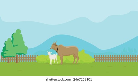 vaca y cabra en el prado. granja Ilustración vectorial