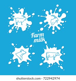 Cow and goat milk emblem - farm milk splashes with outline goat and cow. Vector illustration