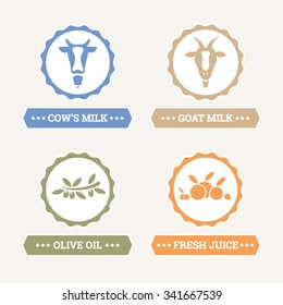 Cow and goat milk - Olive oil - Fresh juice - Vector icons set