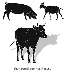 Cow, goat, pig. Vector. Black silhouettes. White background. 2.
Silhouettes.