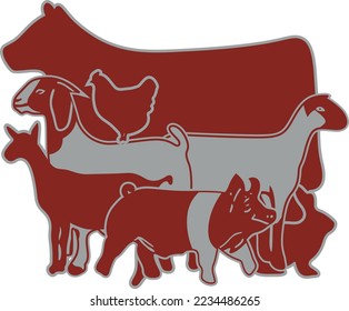 Cow Goat Sheep Kitten Chicken Pig Together Clipart Layout - (Editable file) Vector Illustration