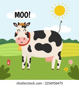 The cow goes moo print. Cute farm character on a green pasture. Funny card with animal in cartoon style for kids. Vector illustration