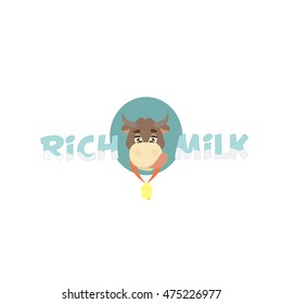 A cow with a golden bell. Flat design for dairy products. Vector illustration isolated on white background.