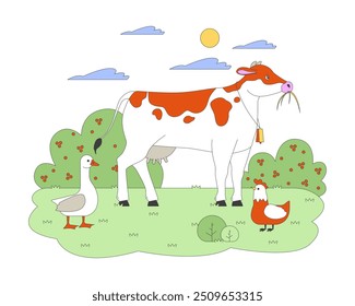 Vaca, ganso y pollo en la ilustración plana de dibujos animados de granja. Animales agrícolas de la ganadería tradicional caracteres 2D aislados sobre fondo blanco. Imagen de color del Vector de la escena del ganado y de las aves de corral