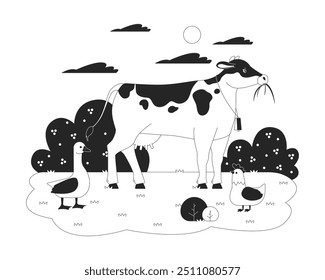 Vaca, ganso y pollo en la ilustración de línea blanca y negra de dibujos animados de granja. Animales de cría tradicional 2D caracteres lineales aislados. Imagen de contorno de Vector monocromo para ganado y aves de corral