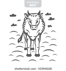 Cow in a graphic style, hand-drawn vector illustration.