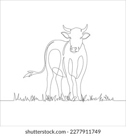 Cow with grass in continuous line art drawing style. Continuous line drawing of cattle with grass. Cow in abstract and minimalist linear icon. Vector illustration