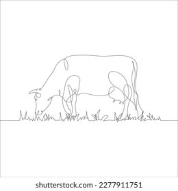 Cow with grass in continuous line art drawing style. Continuous line drawing of cattle with grass. Cow in abstract and minimalist linear icon. Vector illustration